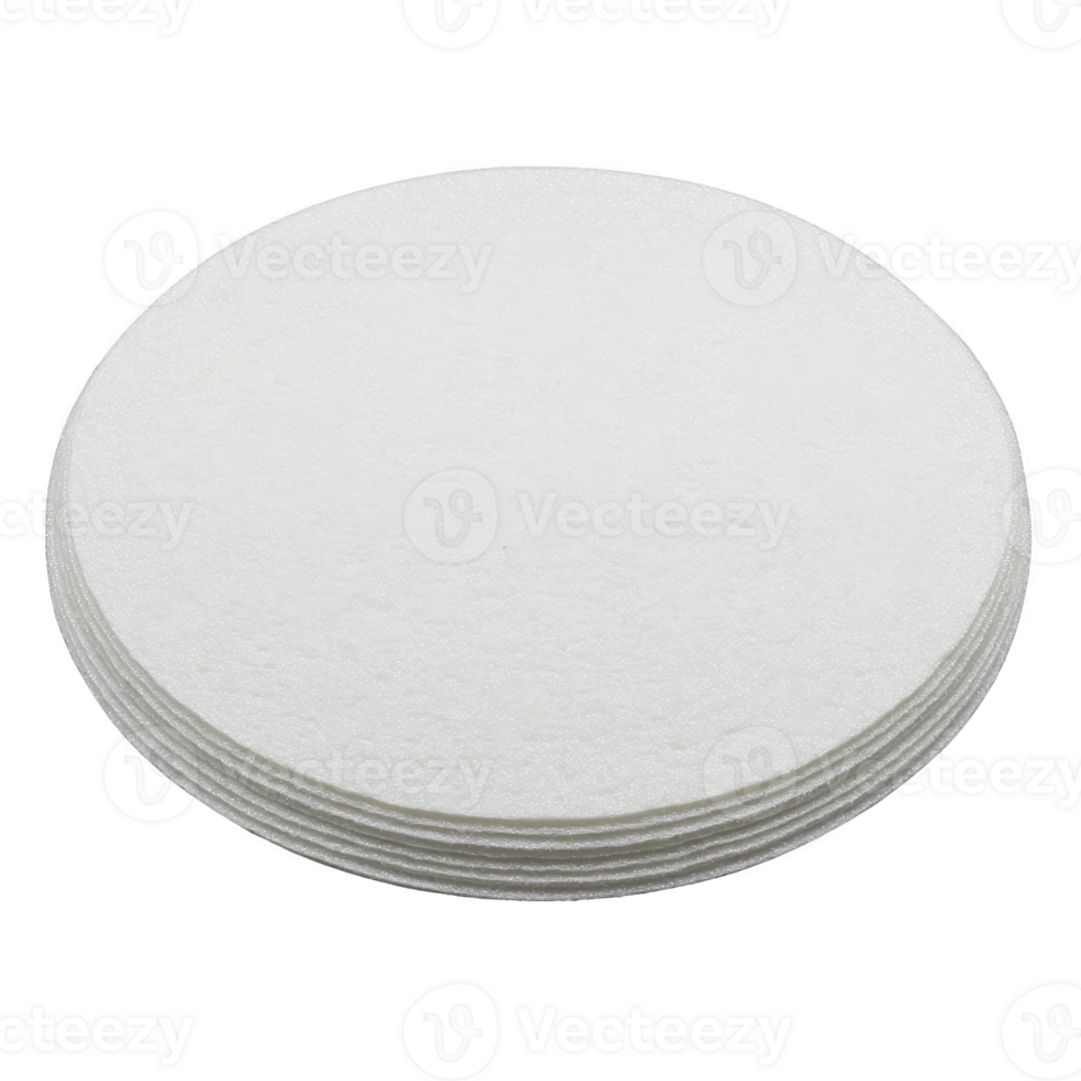 Stack of round, white cotton pads is neatly arranged, showcasing their soft texture and uniform shape, ideal for skincare or cosmetic use png