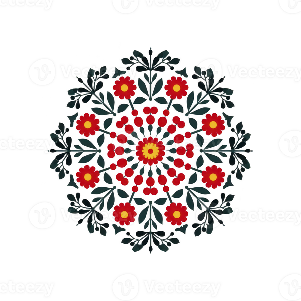 Vibrant mandala design featuring red and yellow floral patterns with intricate green leaves, creating symmetrical and harmonious appearance png