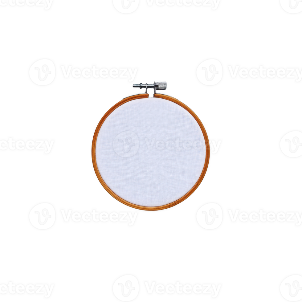 Wooden embroidery hoop with white fabric is centered against transparency background, highlighting its simplicity and potential for creative needlework projects png
