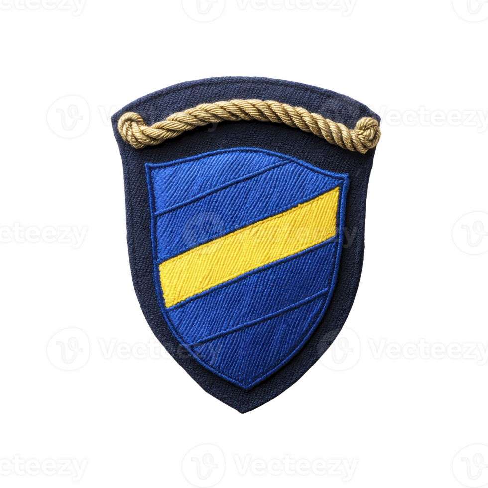 Blue and yellow embroidered shield patch with rope detail on top, symbolizing strength and unity. design is simple yet striking, suitable for uniforms or collectibles png