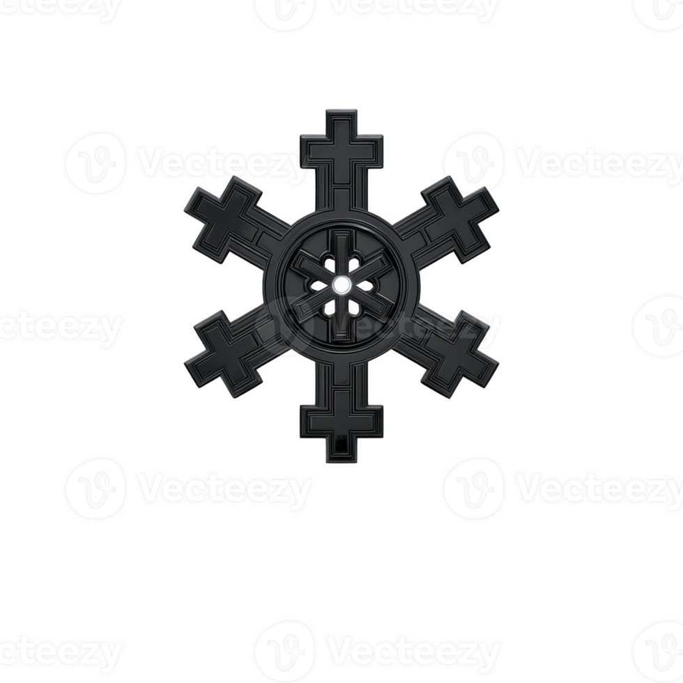 Black snowflake design with central circular pattern and symmetrical arms, resembling wheel or gear, set against transparent background png