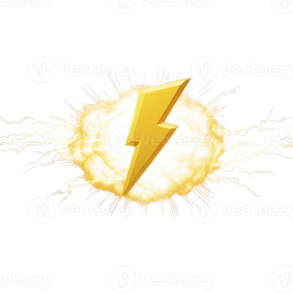 Vibrant yellow lightning bolt is depicted center of dynamic explosion of energy, symbolizing power and speed. background is burst of light and electricity, creating sense of motion and intensity png