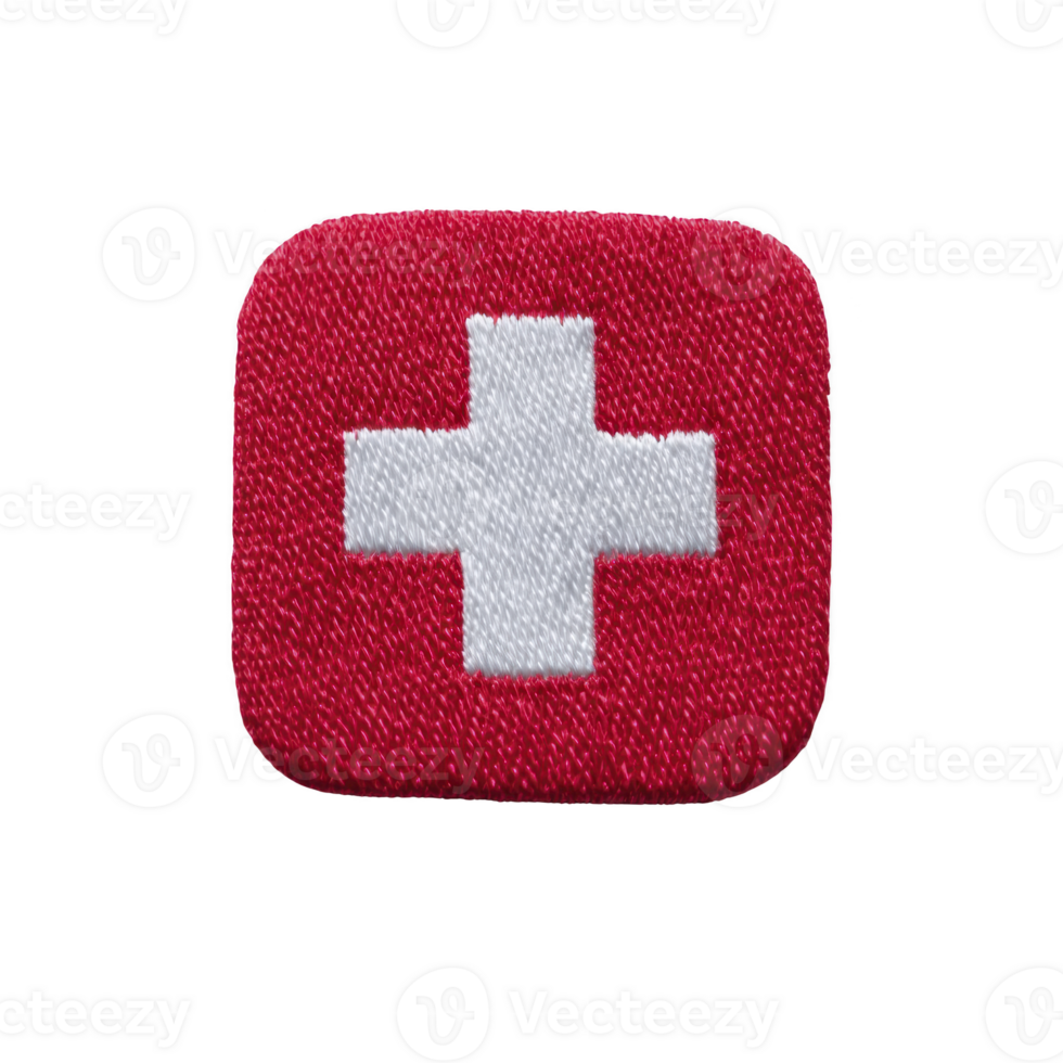 Red embroidered patch featuring white cross symbol, representing first aid or medical theme. patch is square with rounded edges, conveying sense of safety and care png