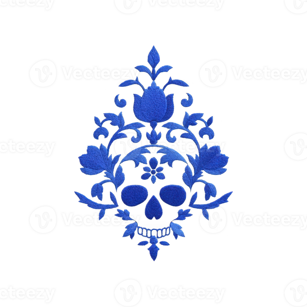 This features intricate blue floral design forming skull shape, blending nature with gothic aesthetic. pattern is symmetrical and detailed, creating striking visual impact.floral skull design png