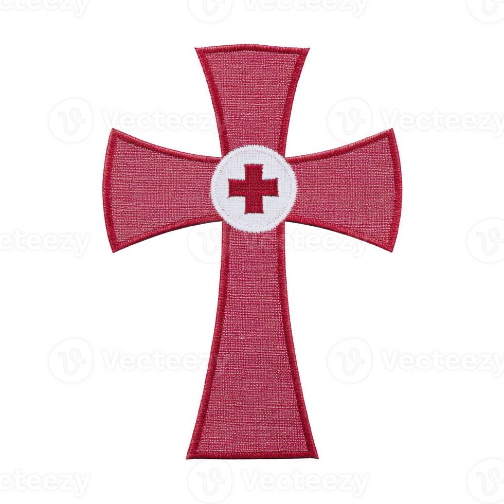 Red cross shaped patch with white circle and smaller red cross in center, symbolizing medical aid or emergency services. design is simple and bold, often associated with healthcare or first aid png