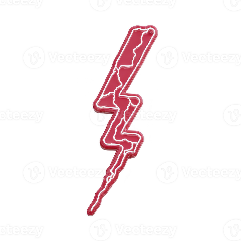 Vibrant red lightning bolt with glowing effect stands out against transparency background, symbolizing energy and power. jagged shape and bright color create dynamic and striking visual png