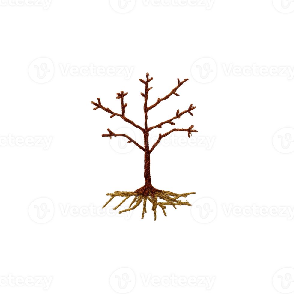 Small, artistic wire tree sculpture with bare branches and visible roots, crafted from copper and gold colored wire, stands against plain background png