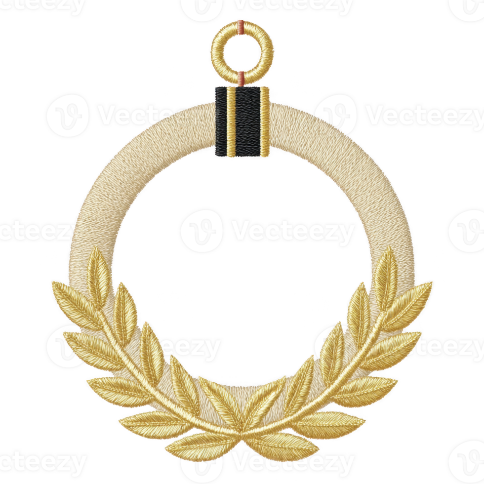 Golden laurel wreath with detailed embroidery, symbolizing victory and achievement, is depicted in this image. wreath is circular with loop at top for hanging png