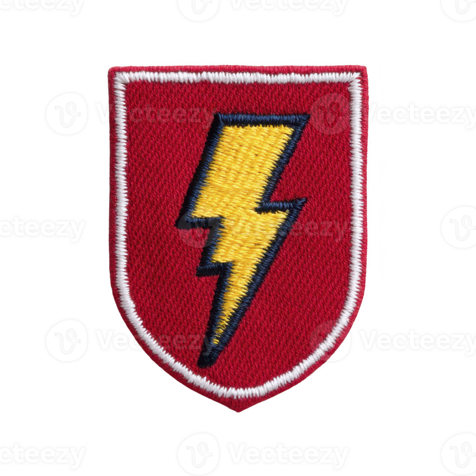 This shows red shield shaped patch with yellow lightning bolt in center, outlined in black and white. patch has bold and striking design.lightning bolt patch on red shield with white border png