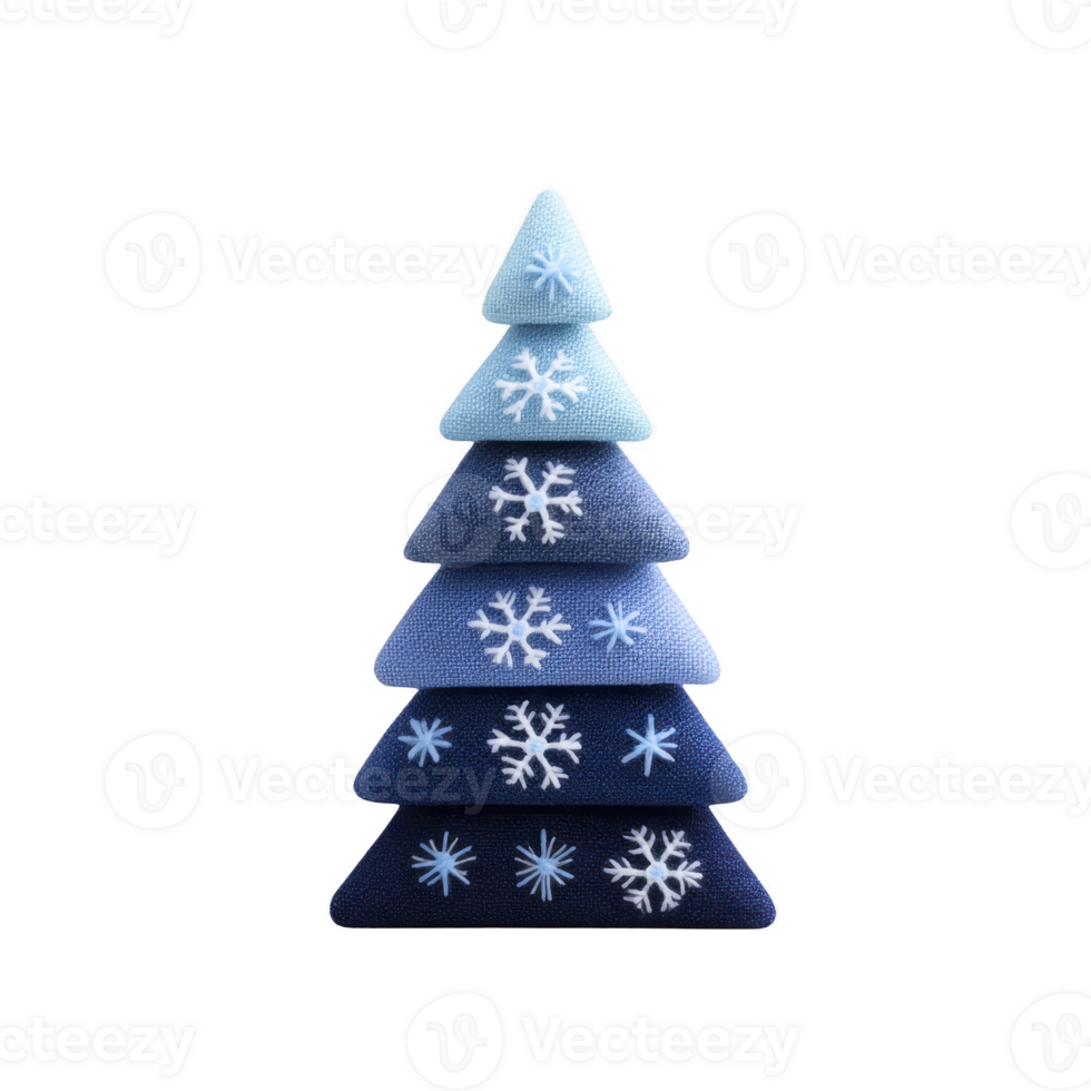 Stack of triangular cushions in gradient blue shades forms Christmas tree shape, adorned with snowflake patterns. design is festive and cozy, perfect for holiday decor png