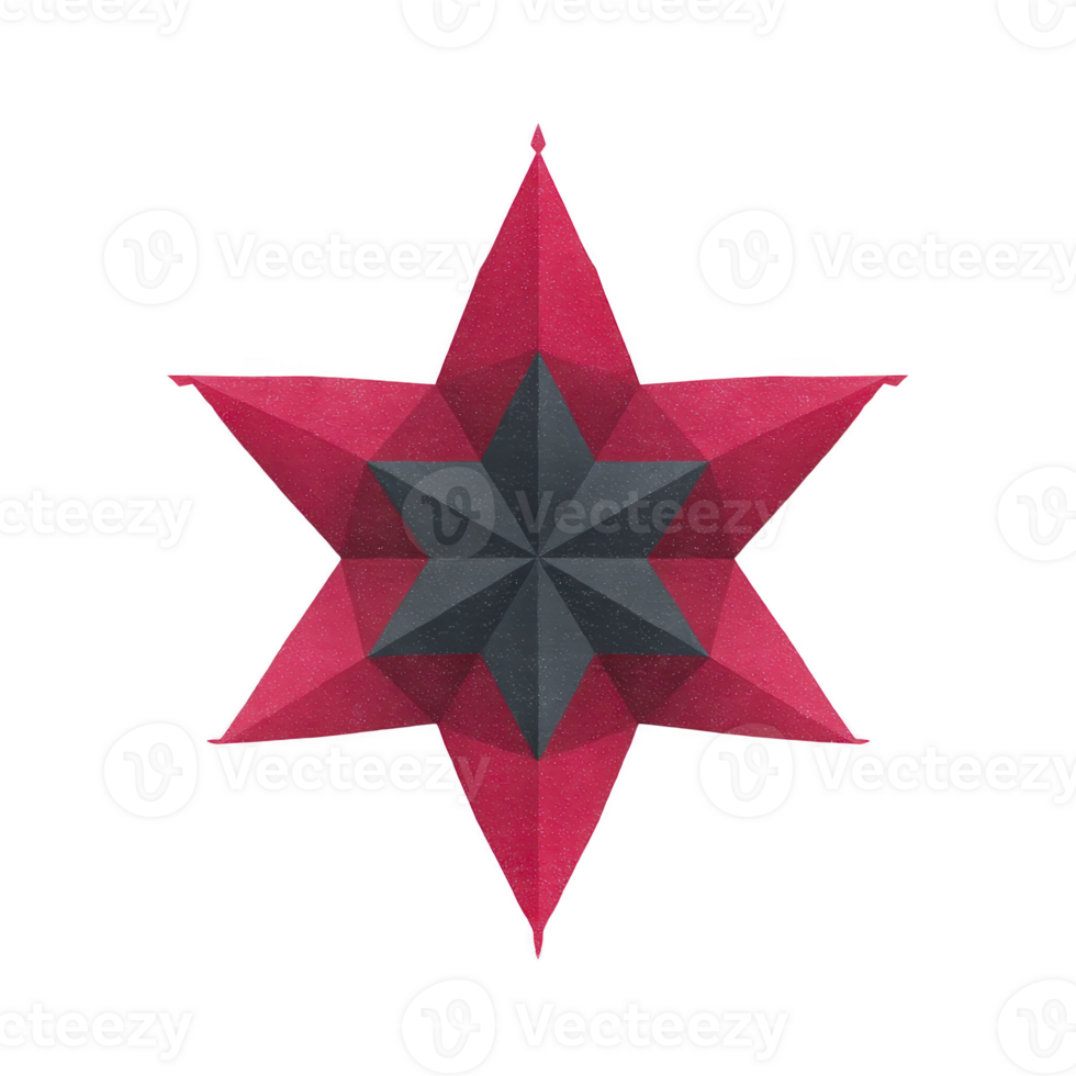 Geometric star design with bold red and black color scheme, featuring sharp, symmetrical points and three dimensional appearance. star intricate pattern creates striking visual effect png
