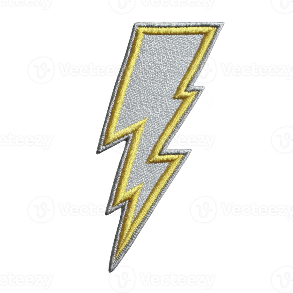 Lightning bolt patch with yellow border and silver interior, symbolizing energy and power. embroidered design is bold and striking, perfect for clothing or accessories png