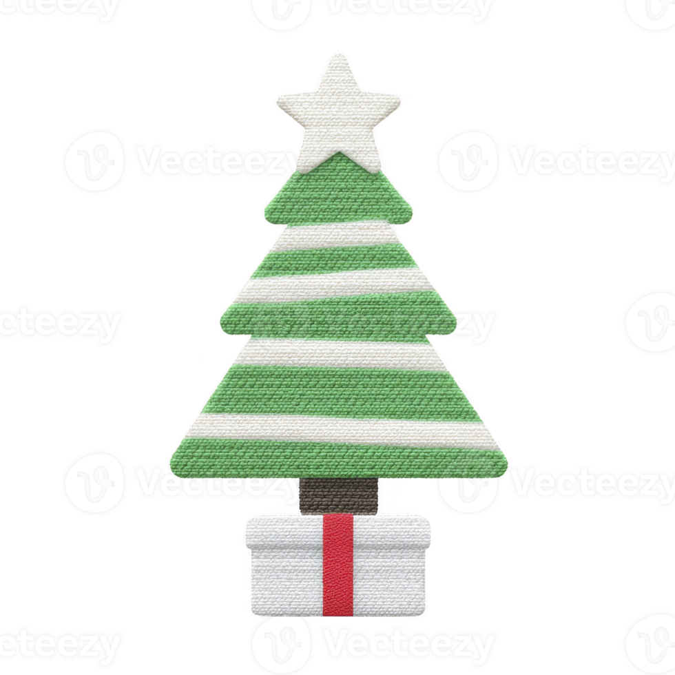 Stylized Christmas tree with green and white stripes, topped with star, stands on white gift box with red ribbon. design has textured, fabric like appearance png