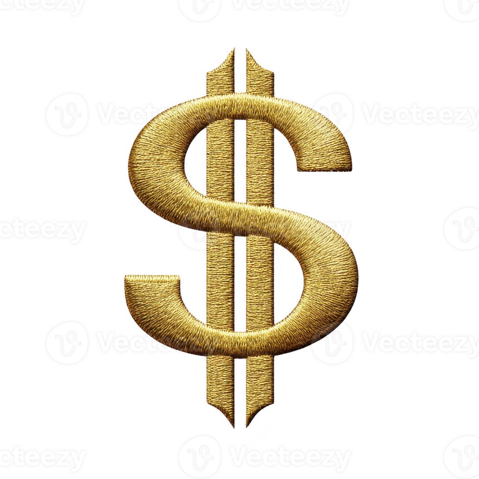 Golden embroidered dollar sign symbol on transparency background, representing wealth and luxury. intricate stitching adds touch of elegance and sophistication to design png