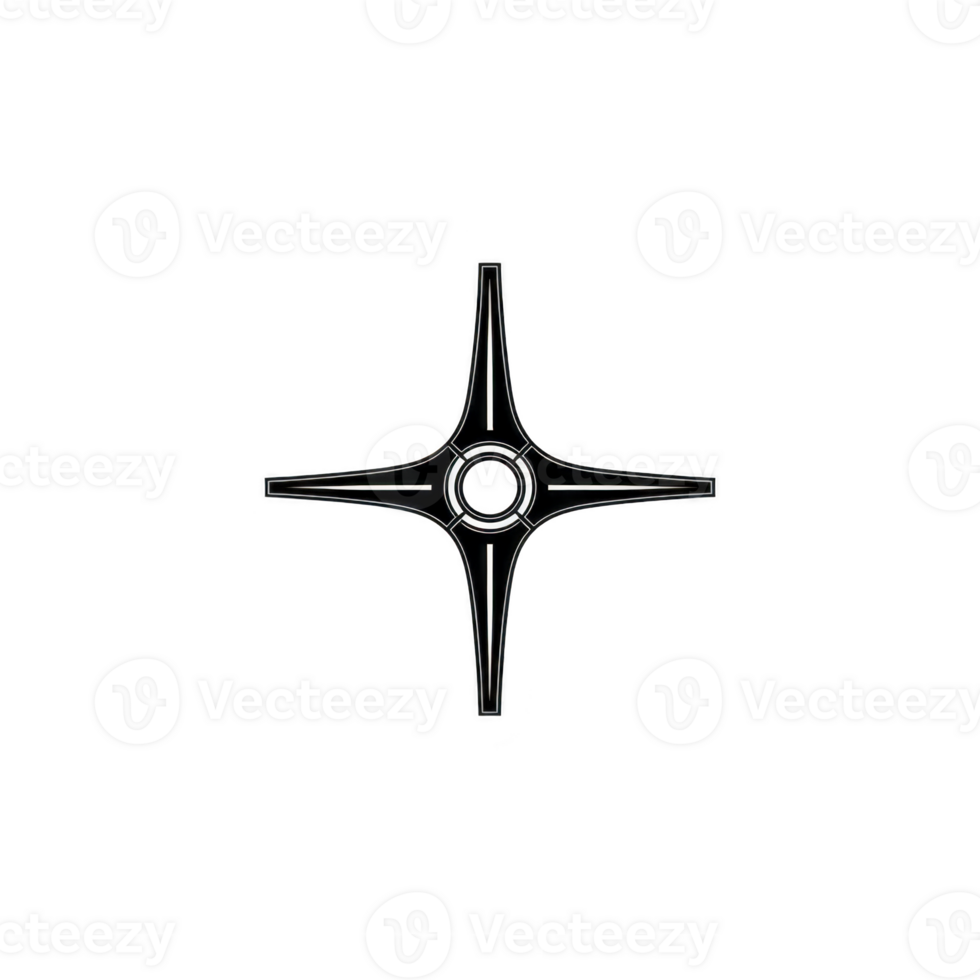 Sleek, metallic four pointed star shaped object with central circular hub, resembling futuristic design element or mechanical component png