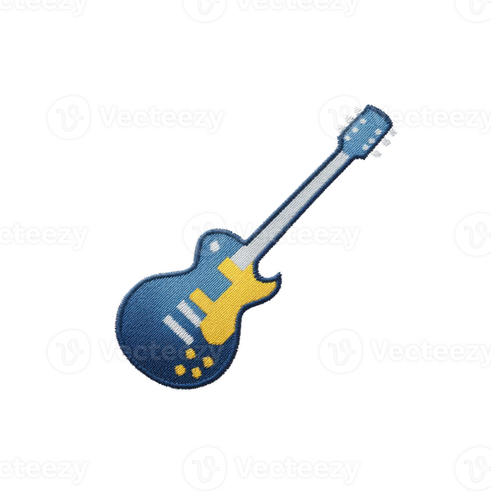 Blue and yellow electric guitar patch with detailed design, featuring six strings and classic body shape. patch is embroidered, showcasing vibrant and stylish look png