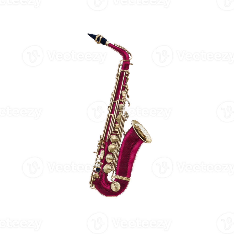 Red saxophone with gold keys and black mouthpiece, isolated on transparency background, showcasing its elegant design and musical charm png
