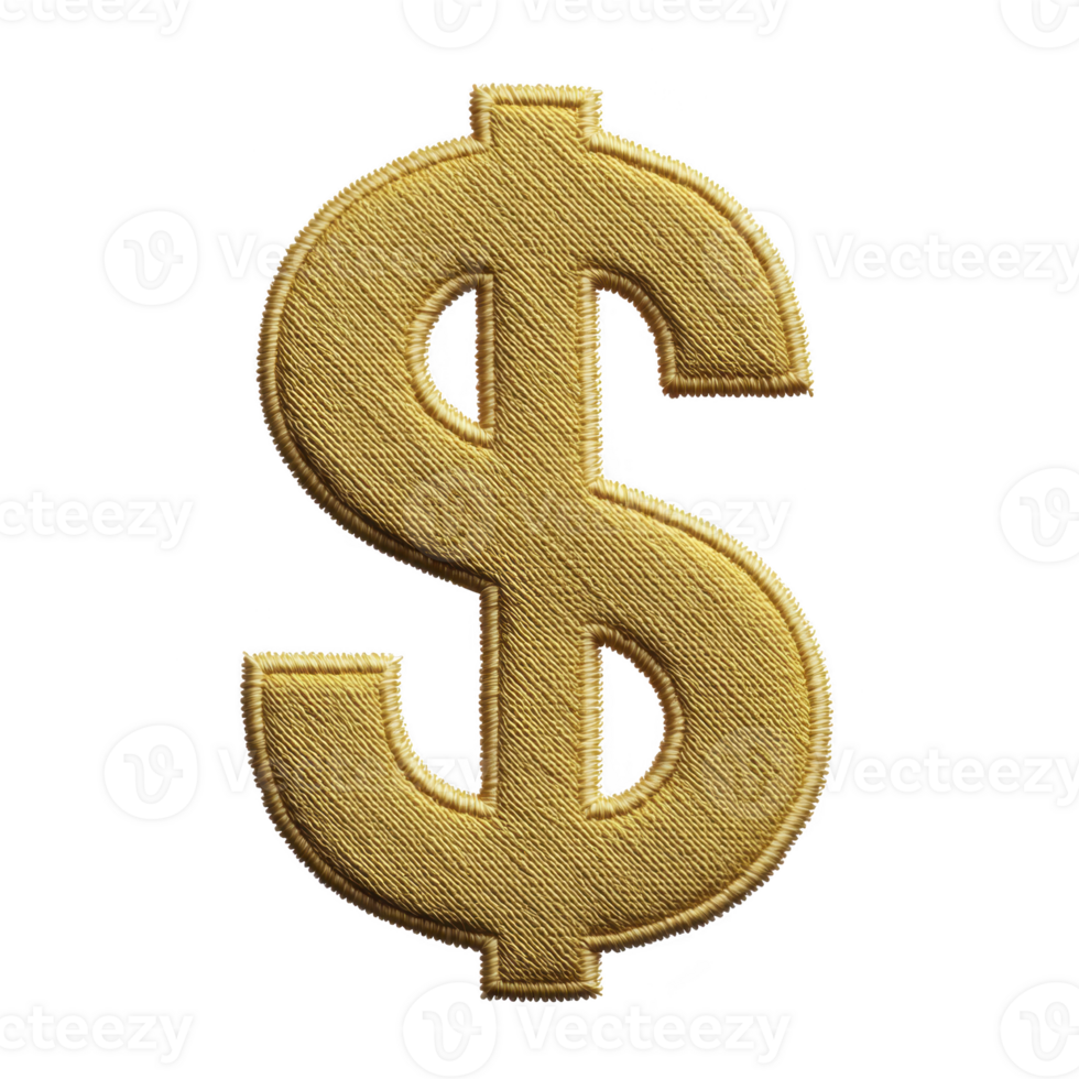 Golden embroidered dollar sign symbol on transparency background, representing wealth and financial success. texture and color give it luxurious and elegant appearance png