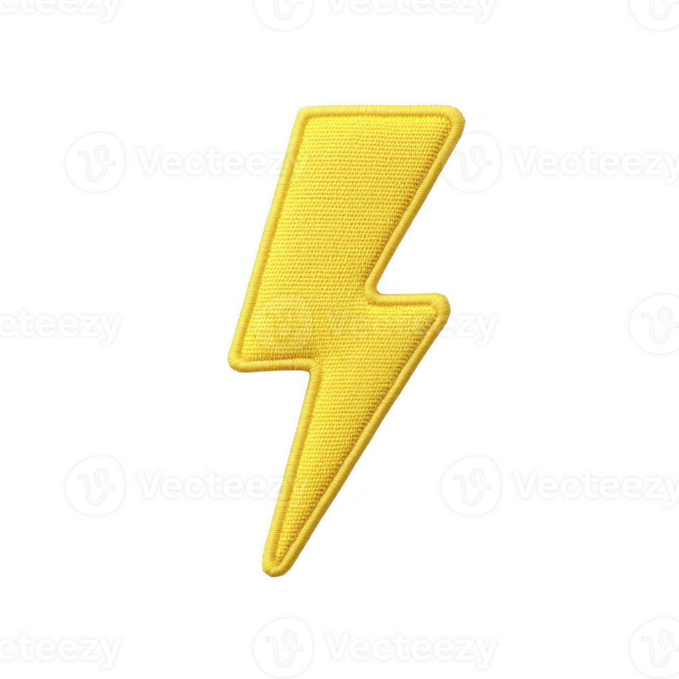 Bright yellow lightning bolt patch with textured surface, symbolizing energy and power, isolated on transparency background png