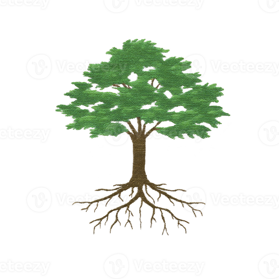 Detailed illustration of tree with green leaves and visible roots, symbolizing growth and stability. tree is depicted on plain background, emphasizing its intricate design png