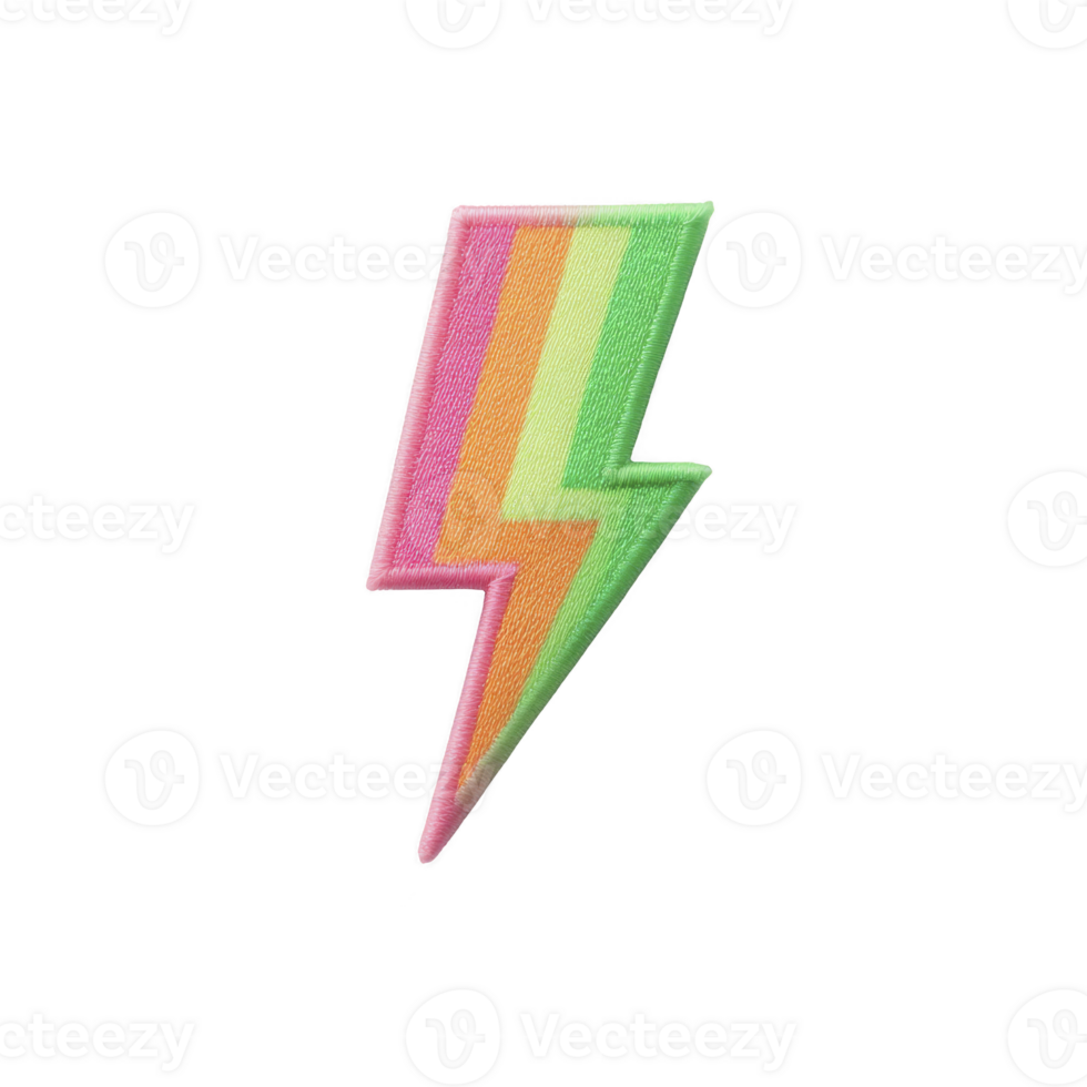 Vibrant lightning bolt patch with gradient of pink, orange, and green colors, symbolizing energy and creativity. design is bold and eye catching, perfect for adding flair to clothing png