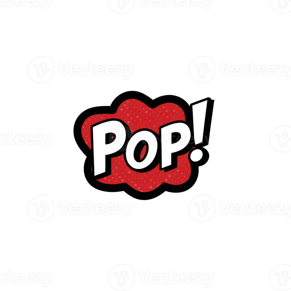 Vibrant comic style POP text in bold black letters is set against red, cloud like background with dotted pattern, creating dynamic and playful effect png
