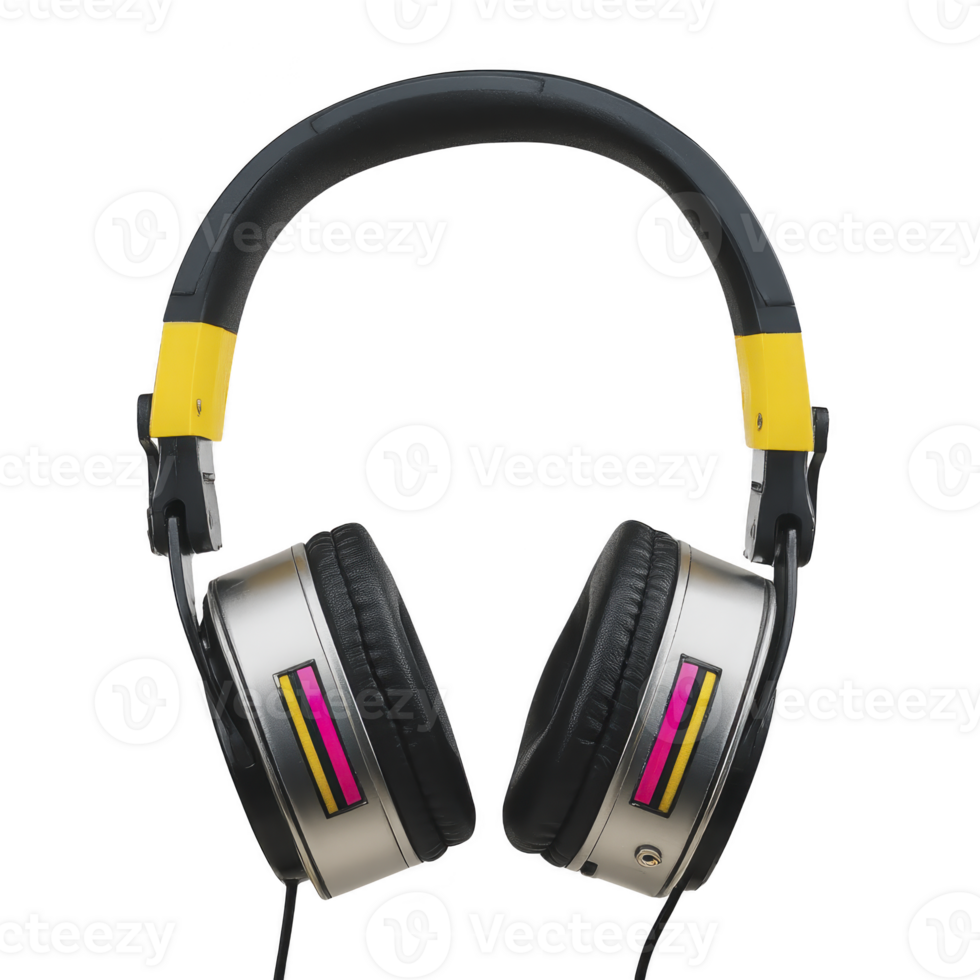 Retro style headphones with black and yellow headband and colorful accents on ear cups, showcasing vibrant and nostalgic design png