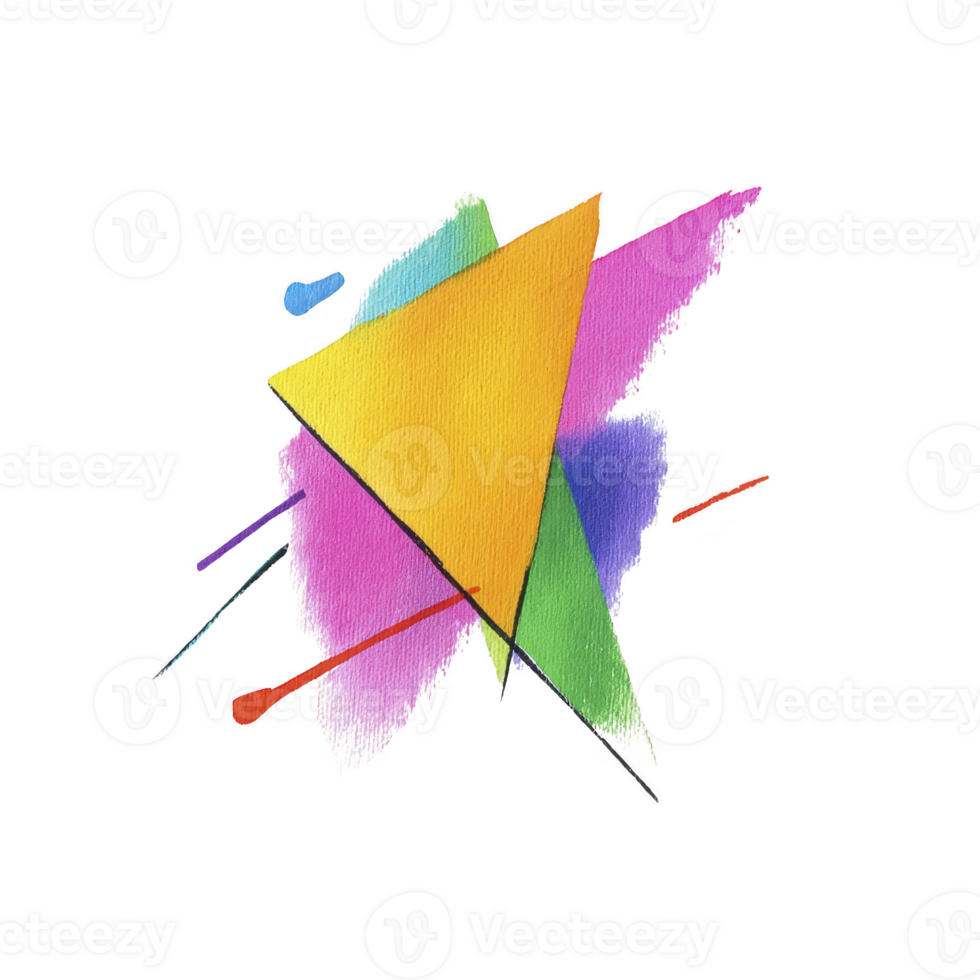 Vibrant abstract design featuring yellow triangle with colorful brushstrokes in pink, blue, and green, creating dynamic and artistic composition png