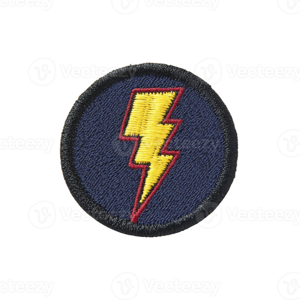Round embroidered patch features bold yellow lightning bolt with red outline on blue background, symbolizing energy and power. patch is bordered in black png