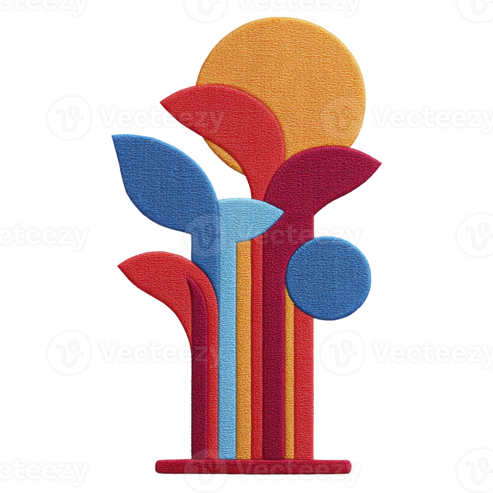 Vibrant abstract design featuring colorful geometric shapes resembling leaves and sun, creating dynamic and artistic composition png