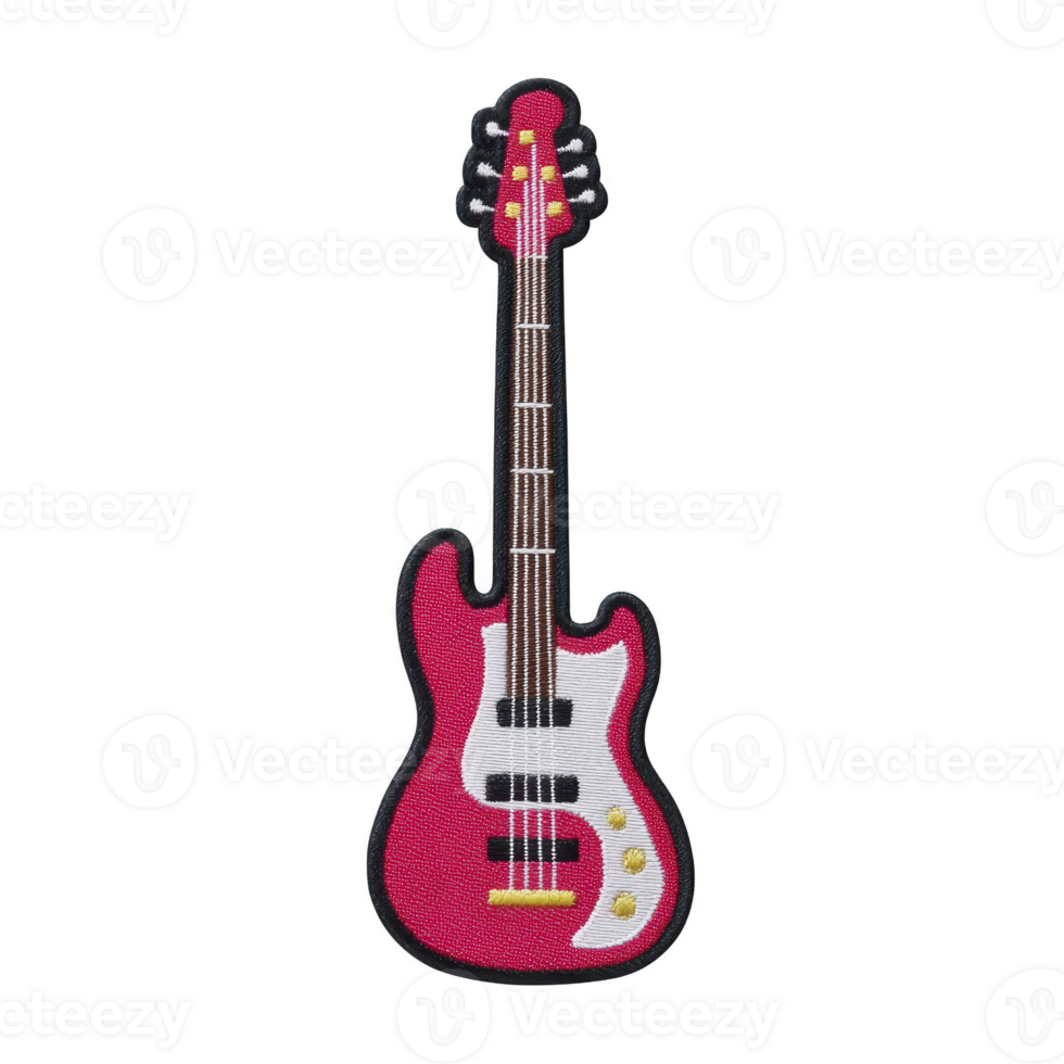 Vibrant red electric guitar patch with detailed strings and tuning pegs, perfect for adding musical touch to clothing or accessories png