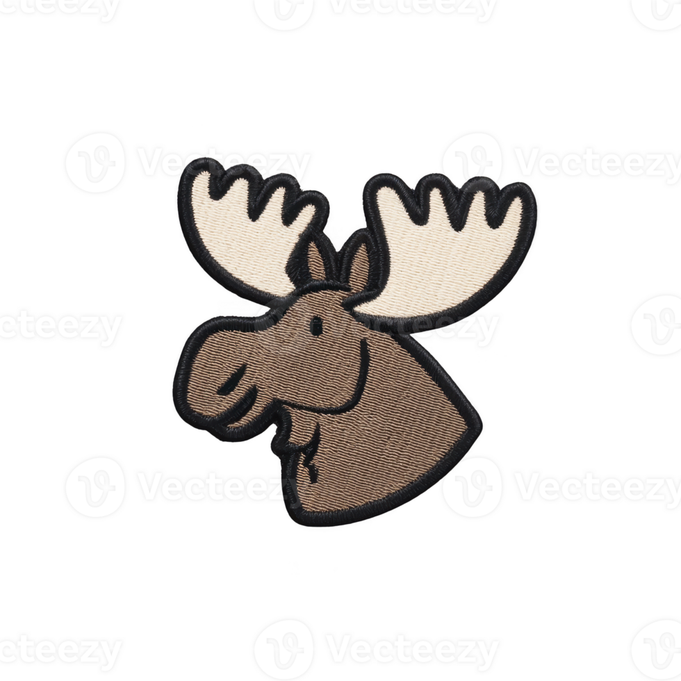 Cute embroidered moose patch with smiling expression, featuring large antlers and brown body, perfect for clothing or accessories png