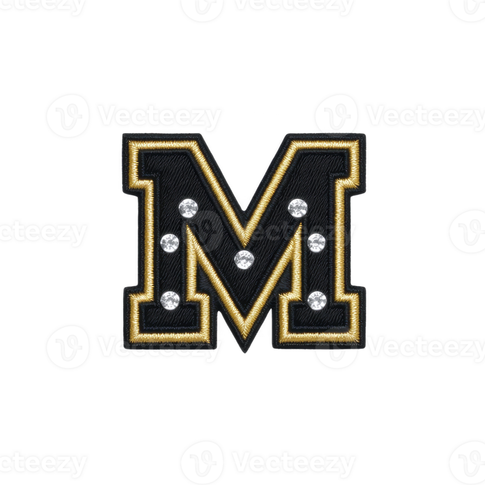 Black letter M with gold trim and diamond like embellishments creates luxurious and elegant appearance. design is bold and eye catching, suitable for fashion or decorative purposes png