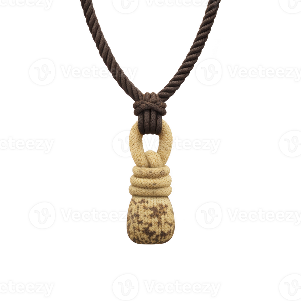 Handcrafted necklace features brown rope with unique stone pendant wrapped in beige cord, showcasing rustic and earthy design png