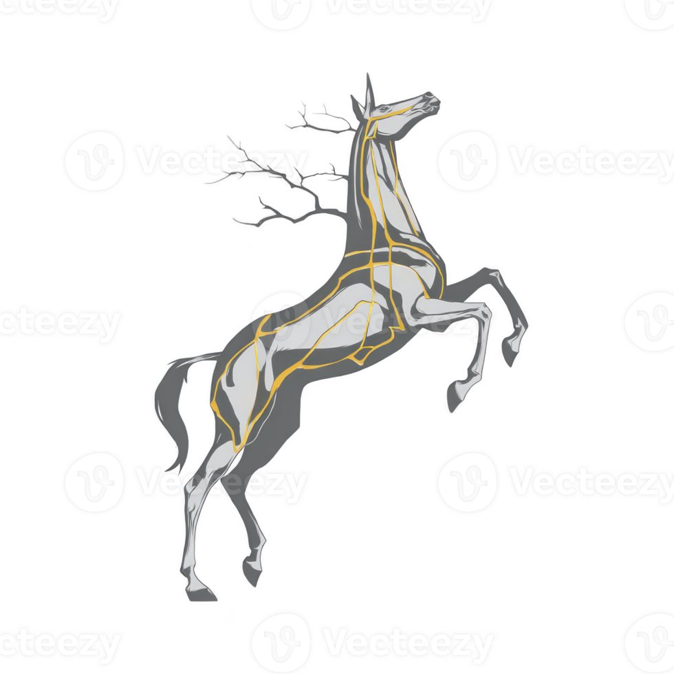 Stylized illustration of rearing horse with antlers, featuring sleek, modern design with gold and silver accents. image combines elements of fantasy and elegance, creating unique and artistic png