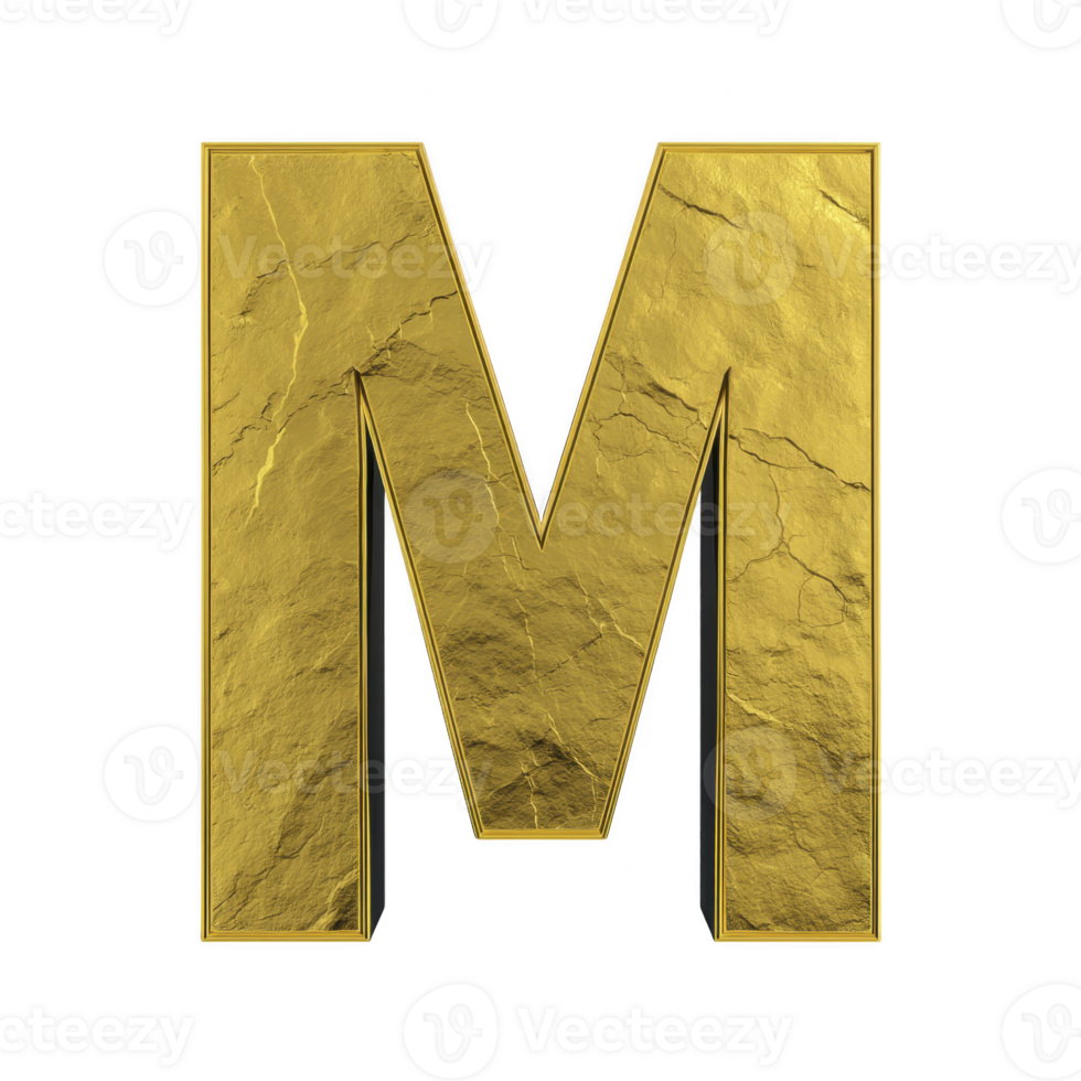 Golden letter M with textured surface, isolated on transparency background, showcasing luxurious and elegant design png