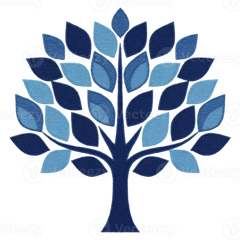 Stylized tree with blue leaves in various shades creates harmonious and calming design. symmetrical arrangement of leaves adds sense of balance and tranquility png