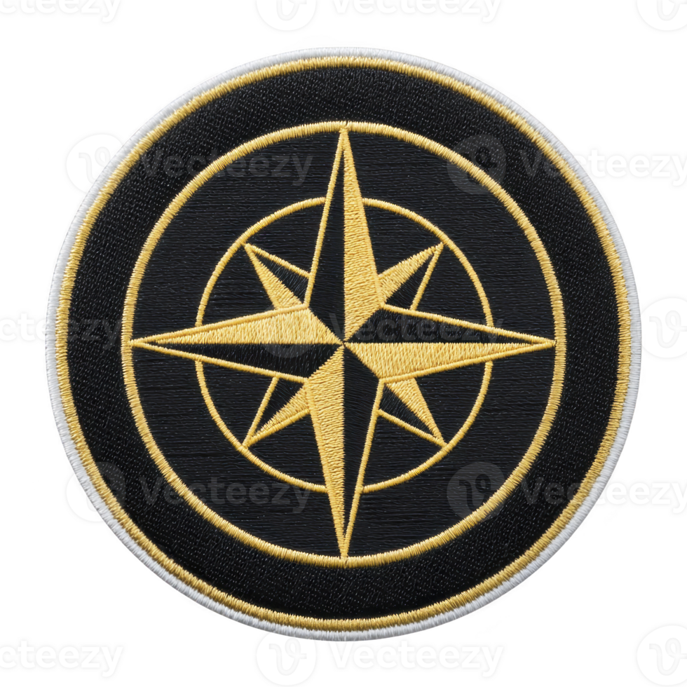 Circular embroidered patch features gold compass rose design on transparency background, symbolizing navigation and exploration. patch is bordered with thin white edge, adding contrast png
