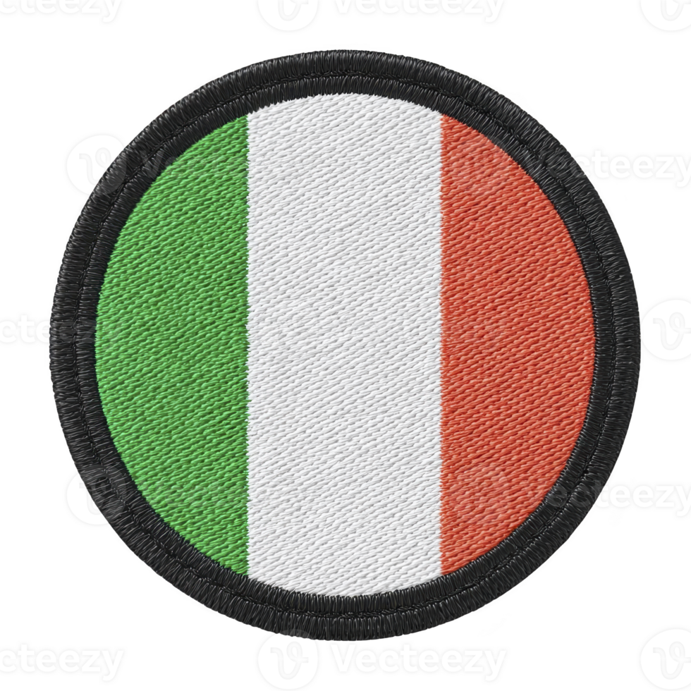 This shows circular patch featuring Italian flag with vertical green, white, and red stripes. patch has black border, giving it distinct and bold appearance png