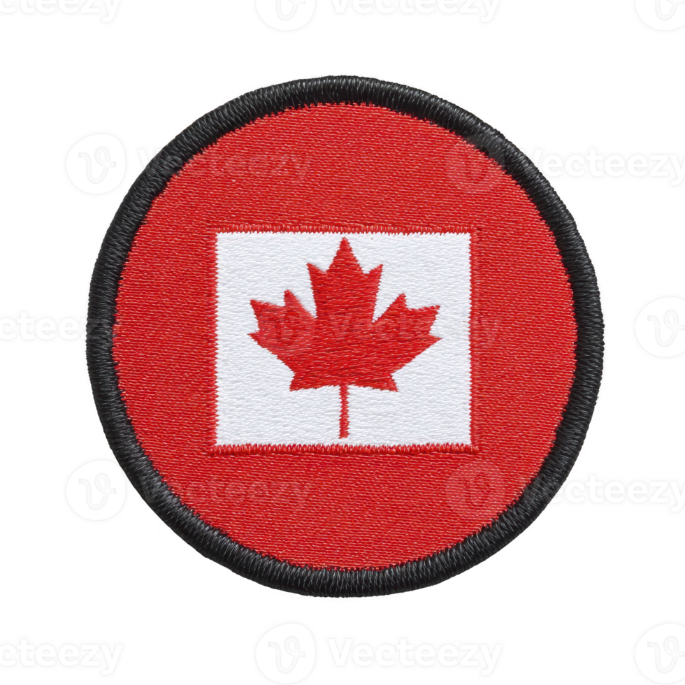 This shows circular patch featuring Canadian flag with red maple leaf on transparency background, surrounded by red border. patch is embroidered and has black edge png
