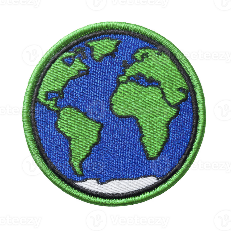 This shows embroidered patch featuring stylized depiction of Earth with green continents and blue oceans, bordered by green edge. design is simple and colorful png