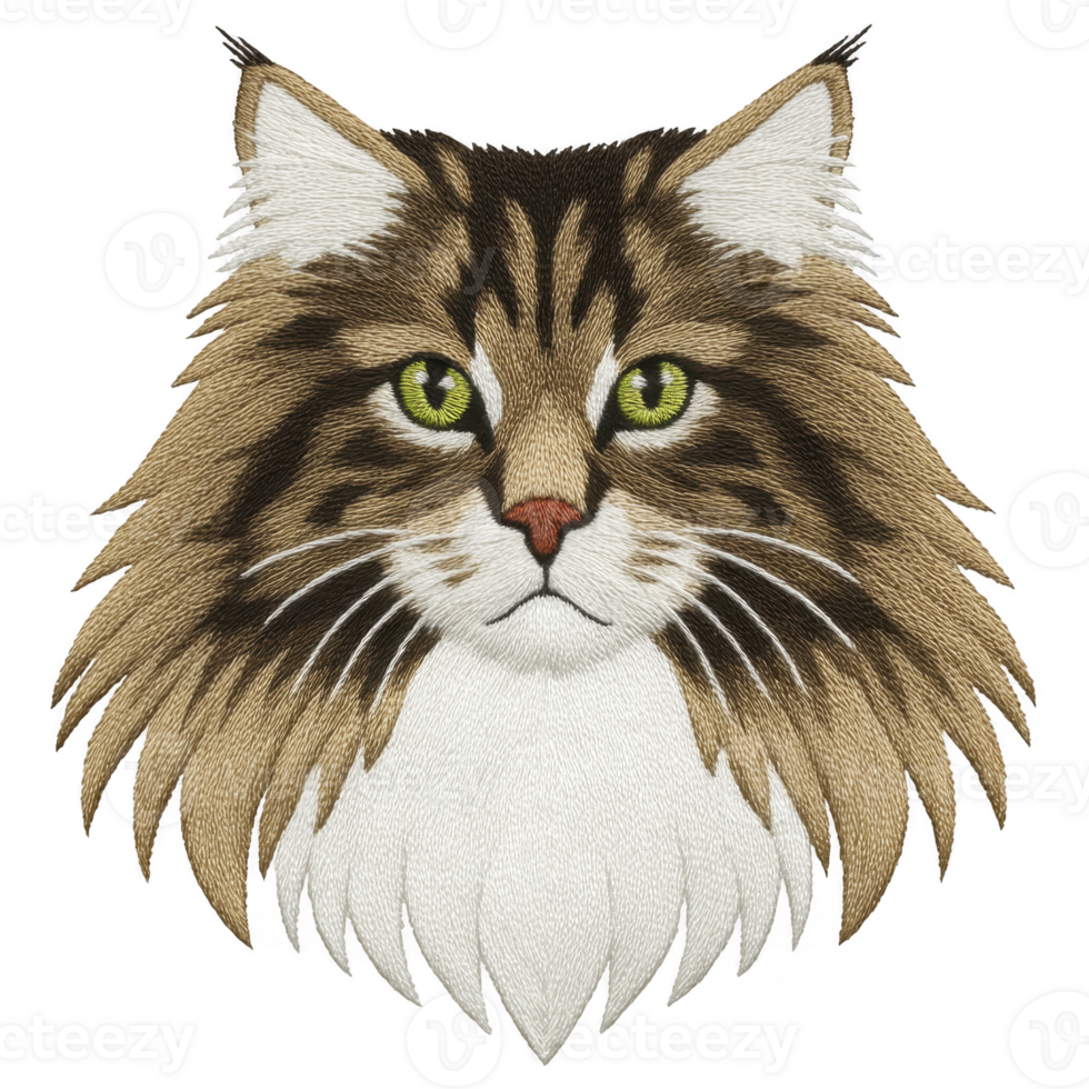 Detailed embroidery of cat face with green eyes and fluffy fur, showcasing intricate stitching and texture. design captures cat majestic and serene expression png