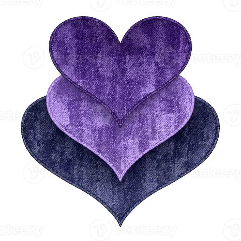 Three layered hearts in shades of purple and blue create textured, fabric like appearance, symbolizing love and unity. gradient effect adds depth and elegance to design png