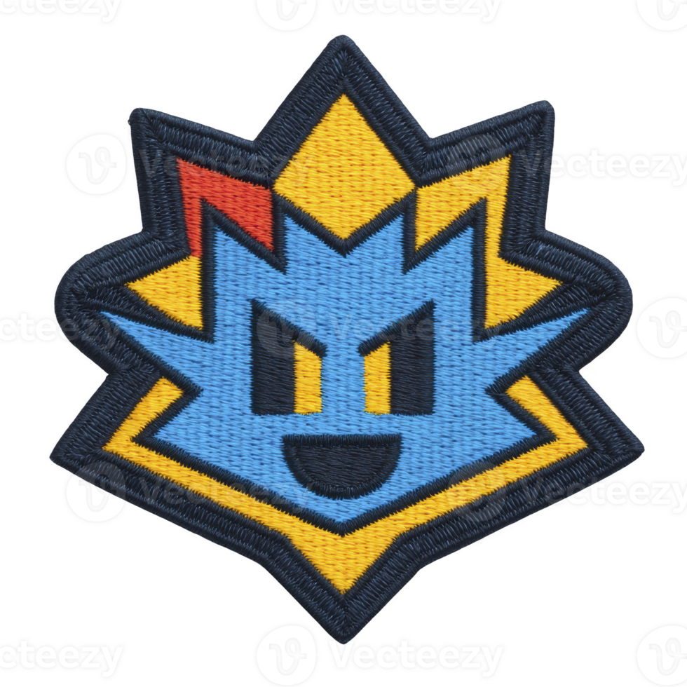 Colorful embroidered patch features stylized, smiling face with spiky edges, combining blue, yellow, and red colors. design is bold and playful, suitable for clothing or accessories png