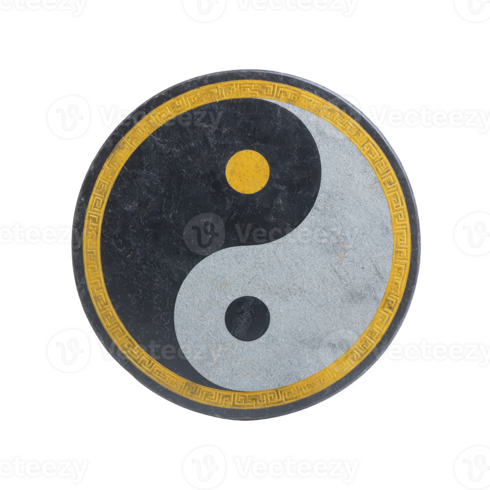 Yin yang symbol with gold border represents balance and harmony. black and white halves with dots signify duality and interconnectedness, often used in Eastern philosophy png