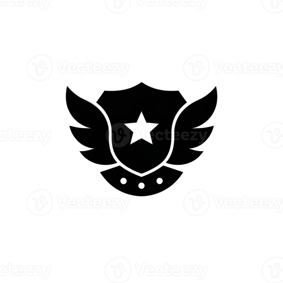 Black and white emblem features shield with central star, flanked by stylized wings, conveying sense of protection and authority. design is simple yet impactful png
