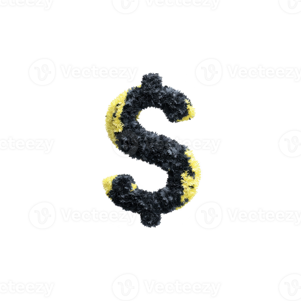Textured dollar sign symbol made of black and yellow fluffy material, isolated on transparency background, creating playful and creative design element png