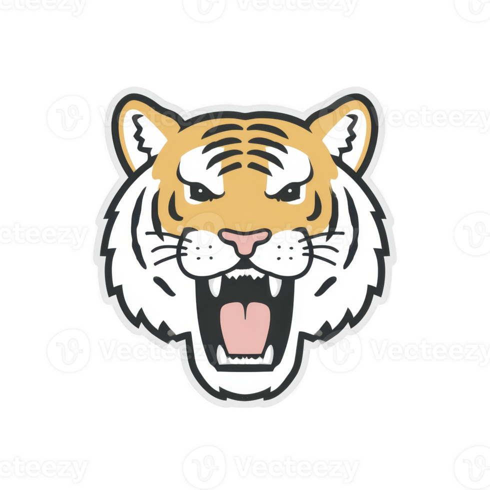 Fierce tiger head illustration with bold lines and vibrant colors, showcasing expressive and powerful design. tiger open mouth and sharp teeth add intensity to image png