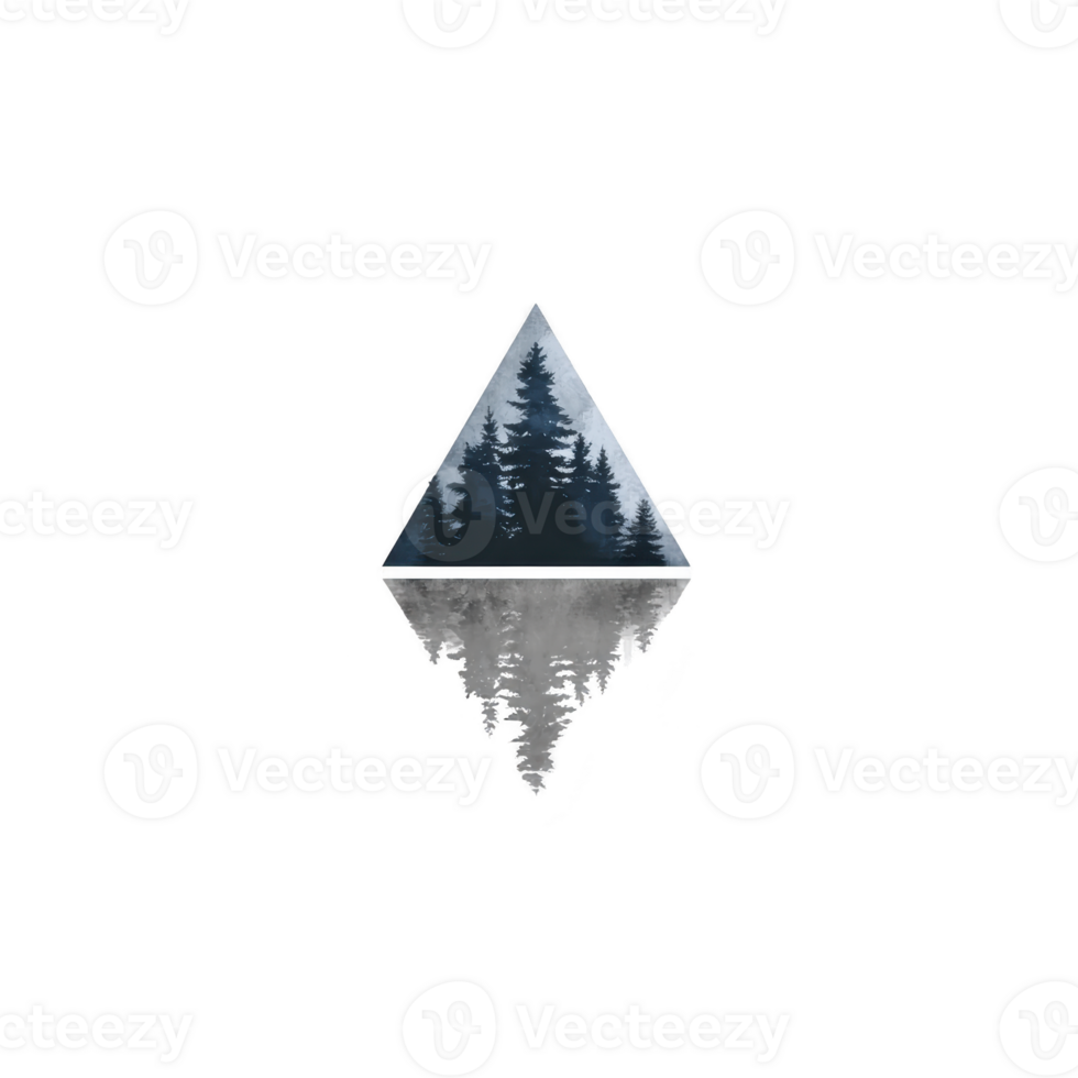 Geometric design features triangle with forest silhouette, reflecting serene and mysterious atmosphere. trees are depicted in shades of blue and gray, creating mirrored effect png