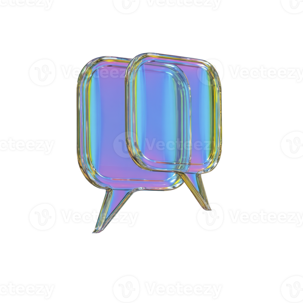 A 3d illustration of two overlapping, transparent speech bubbles with holographic effect, showcasing blend of blue, purple, and pink hues. design is modern and abstract, conveying communication png